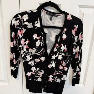 White House Black Market Black and Pink Floral Cardigan